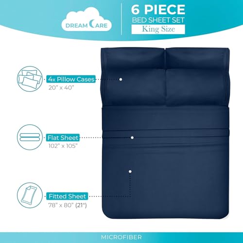 Image of DREAMCARE Full Size Sheets - 6 pcs Breathable Cooling Sheets Full Size Bed | up to 15 inch Deep Pocket Full Sheet Set with Side Pockets - Extra Soft Full Size Bed Sheets - Hotel Luxury Bed Sheets -Navy Blue