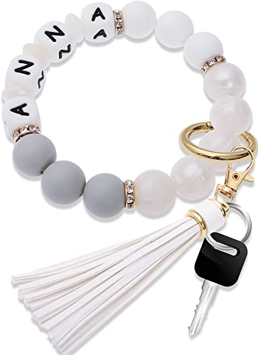 Panny&Mody Silicone Beaded Bracelet Keychain Wristlet,Personalized Keychain Wristlet Key Ring Holder With Zircon Leather Tassel(Pearl+White) #TOP9
