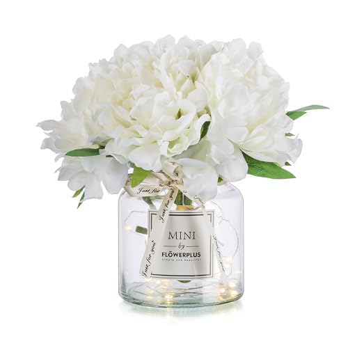 BLOSMON Artificial Flowers in Vase Decoration White Peony Fake Flower with Glass Vases for Table Decorations Small Floral Arrangements Indoor Room Window Desk Centrepiece Silk Plant Bouquet Decor