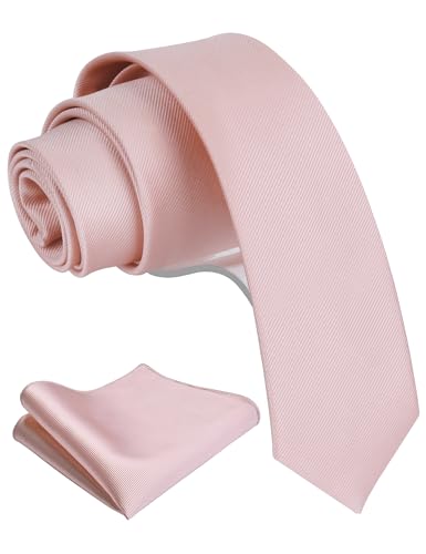 Image of Gusleson Blush Pink Tie for Men Solid Formal 6cm Slim Skinny Necktie and Handkerchief Set For Wedding (UK0754-47)