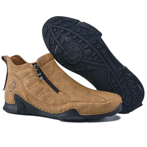Image of Men's Leather Slip-On Walking Ankle Boots Outdoor Non Slip Double Zipper High Top Driving Work Boots Daily Lightweight Chukka Shoes