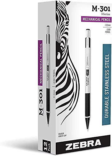 Zebra Pen M-301 Mechanical Pencil, Stainless Steel Barrel, Fine Point, 0.5Mm, Black Grip, 12-Pack #TOP1