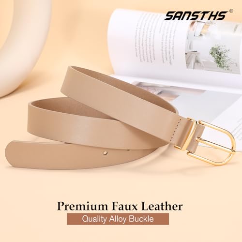 SANSTHS Women Faux Leather Chic Belts for Jeans Pants Fashion Ladies Belt Solid Color with Gold Curved Pin Buckle