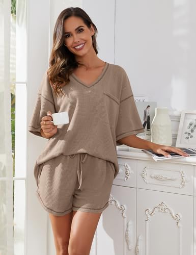 Image of Womens Pajama Sets Waffle Knit 2 Piece Short Lounge Set Cute Sleep Loungewear Pjs Set Short Sleeve Top and Shorts