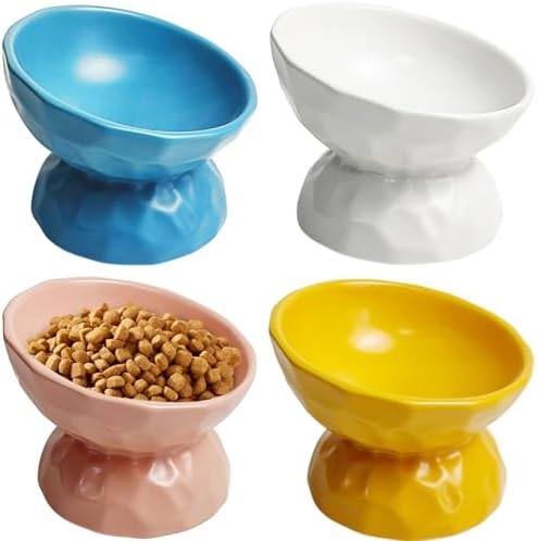 4 Pack Raised Cat Food and Water Bowls Set – Colors Random – Elevated Cat Bowls, 15° Tilted Ceramic Cat Food Dishes, Protect Spine, Stress Free, Prevent Vomiting, Dishwasher and Microwave Safe