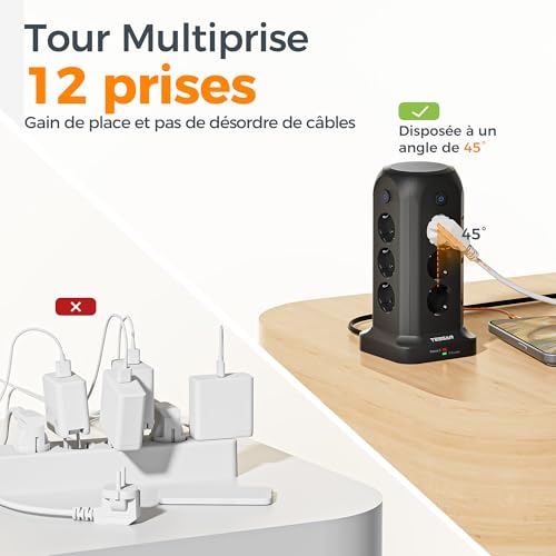 TESSAN Tour Multiprise avec Interrupteur, Rallonge Electrique 2M, Noir – vue 6