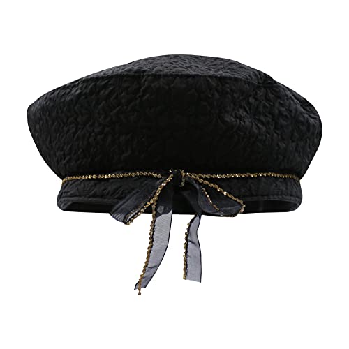 Mosstyus Womens Beret Hat French Style Beanie Cap Headwear For Party Club Dance Pleated Seersucker Berets Bow,Black #TOP1