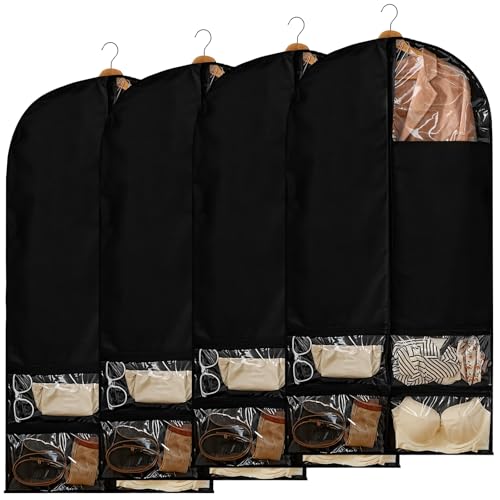 Homaisson 47-Inch Garment Bags Covers, 4 Pcs Black Garment Bag for Closet Storage and Travel, Suit Garment Bag for Men, Black Suit Cover Bags with Clear Window for Coats, Jackets, Shirts
