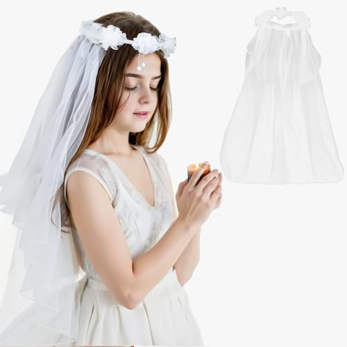 First Holy Communion Veil for Girls Catholic, White Pearl Flower Girl Veils Lace First Communion Headpiece for Girls