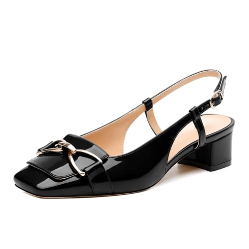 GUAVAIVY Womens Slingback Pumps Low Chunky Heels Square Toe Fashion Ankle Buckle Wedding Casual Office Shoes Black Patent Size 8