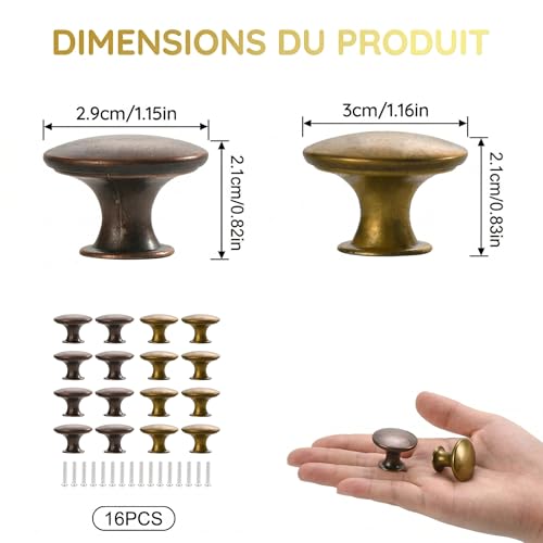 QTORCHE 16 Boutons de Meuble Vintage – 8 Laiton Vieilli + 8 Bronze Cuivré – Vis Renforcées de Différentes Longueurs – Installation Facile – Poignées pour Tiroir, Placard, Commode, Armoire, Cuisine – vue 2