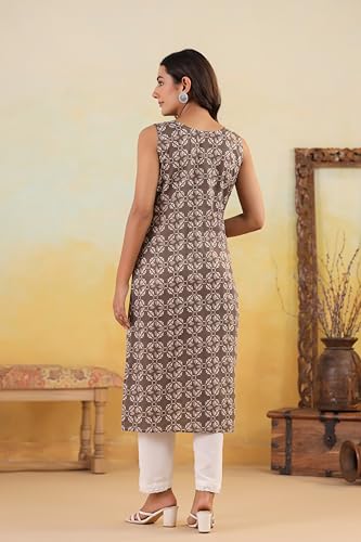 Image of Ichaa Women's All-Over Printed Sleeveless Kurta | Straight Fit Ethnic Kurta | Round Neck Casual Ethnic Wear Kurta