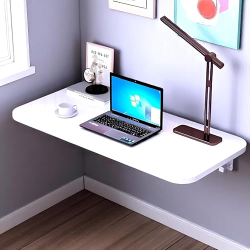 Image of Floating Desk for Home, Office, Study, Kitchen, and Dinner Computer Bar Laundry Room Wall Mounted Folding Table Wall Mounted Folding Desk for Space Saving (Snow White)
