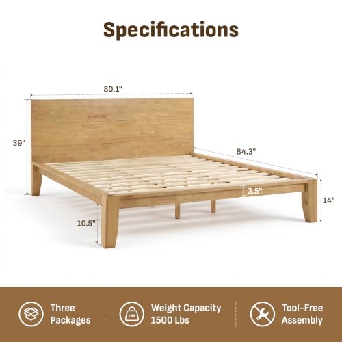 Image of Softa Mikor King Japanese Joinery Bed Frame with Headboard, Solid Rubberwood, 1500 Lbs Heavy Duty Slats Support, SGS Certified, No-Tool Setup, Hidden Storage, USB-A /C Port, No Box Spring Needed