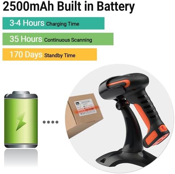 Diagram showing 2500mAh battery, charging time, continuous scanning time, and standby time