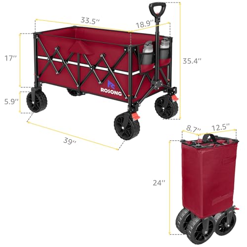 Image of ROSONG Collapsible Wagon Cart with Wheels Foldable - Folding Utility Heavy Duty Wagons Carts for Grocery Sports Garden Shopping Camping Wheelbarrows (Burgundy, 150L)