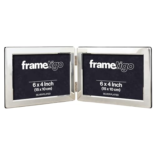 Image of Frametigo - Silver Plated Flat Edge Double Landscape Photo Frame, 6"x4" (15x10cm) Photo Size - Velvet Frame Backing & Stand - Real Glass Window - Traditional Silver Picture Frames - Tarnish Resistant