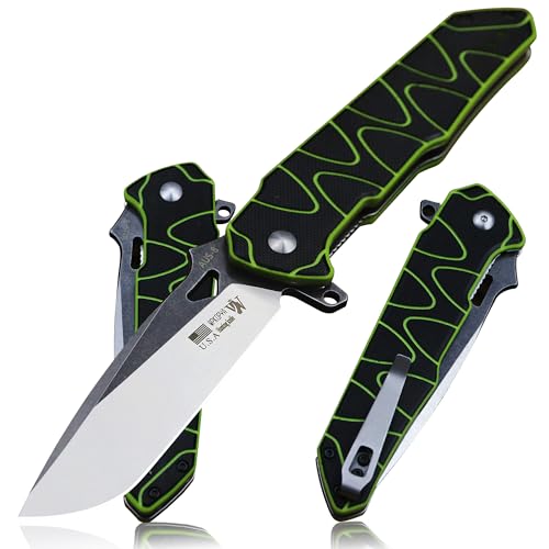 WPKOPYA 8.4in Folding Knife AUS-8 Steel Blade, G10 Handle with Anti-Slip Texture, Ball Bearing Pivot, Stonewashed Finish, EDC Pocket Knife for Camping, Hiking, Survival (AUS-8 (G10 black/green))