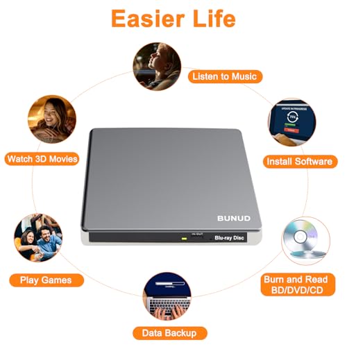 Image of External Blu Ray CD DVD Drive, USB 3.0 Type C Blu ray Burner BD Player Read /Write Portable Bluray Drive Slim Optical Blue Ray CD DVD Reader for Laptop PC Windows 11 MacBook Pro Air Desktop Linux OS