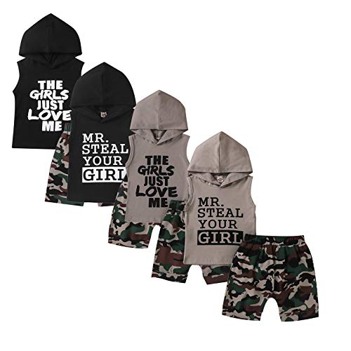 JLKGICF Toddler Baby Boys Girls Summer Outfits Hoodies T-Shirt Vest Tops&Camoflage Shorts Pants Set 2Pcs Camo Tracksuit Clothes (01-Black(MR), 12-18 Months)