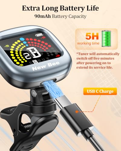 Image of New bee Guitar Tuner Rechargeable, Color Screen Clip On Tuner | 360 Rotatable, Fast & Accurate Chromatic Tuning, for Guitar, Bass, Ukulele, Violin, Cello