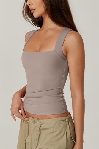 Image of QINSEN Women's Square Neck Sleeveless Double-Layer Tank Tops Basic Tight T Shirts