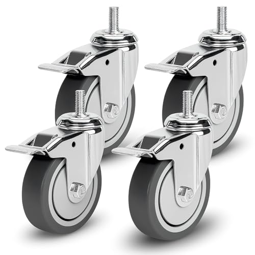 PRIOstahl Transportrollen mit Bremse & Rückenloch - 100mm Rollen für Möbel 4 Rollen Set - bis zu 320Kg Möbelrollen Lenkrollen Gummi TPE für Palettenmöbel Transportroller oder Transportboxen Rollbrett