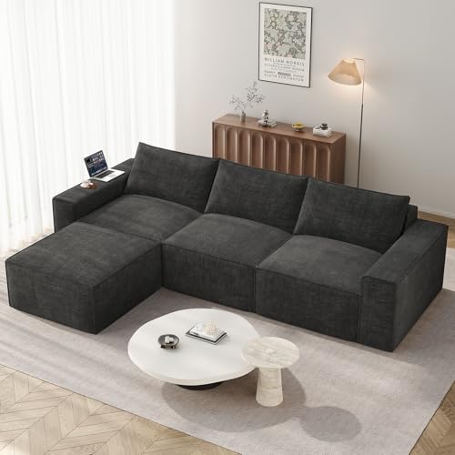 Vesgantti L Shaped Sectional Sofa in Chenille Grey 290cm Boneless Couch with Deep Seat No Assembly Required Cloud Couches for Living Room and Apartment 3 Seate+Ottoman