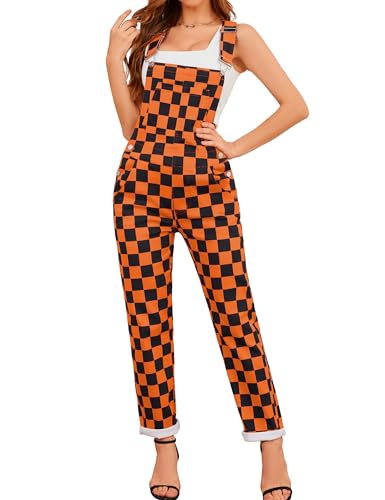 Odefou Checkered Pants Womens Overalls Fashion Bib Coveralls Cute Stretch