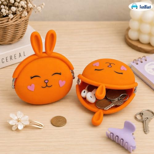 Image of FunBlast Cute Bunny Shape Silicone Coin Purse for Kids & Adults - Mini Pouch for Coins, Earphones, Keys & Small Essentials, Aesthetic Pouches for Girls & Women - 12 X 9.5 X 3 Cm (Bunny-Orange)