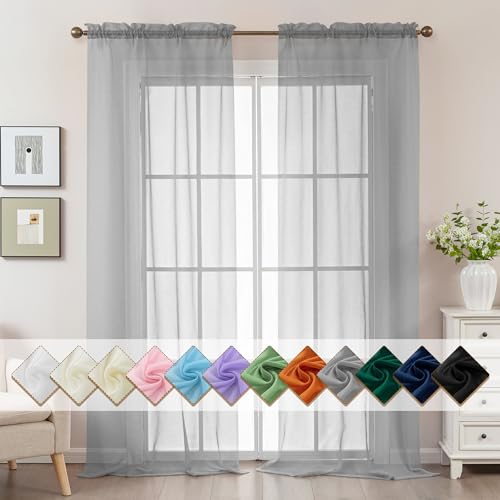 Image of Grey Sheer Curtains 108 Inches Extra Long, Privacy Semi Sheer Curtains for Living Room Bedroom, Light Filtering Rod Pocket Voile Window Drapes 2 Panels Set, Each 42 inch W x 108 inch L