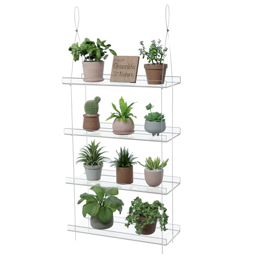 ZASIMO 4-Tier Acrylic Window Plant Shelf, 16 Inch Wide Adjustable Hanging Shelf for Succulents, Seed Starters, Herbs, Microgreens