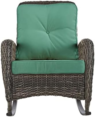 Bravich Rattan Wicker Style Grey Rocking Chair Relaxing Lounge Chair Metal & Green Cushion, Garden Patio Porch Lawn Deck Backyard Furniture