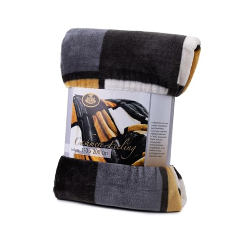 Gözze - Weiche Kuscheldecke, Cashmere Feeling, Hohes Stoffgewicht 500 g/m², Antigua, 150 x 200 cm - Senf/Schwarz/Weiß