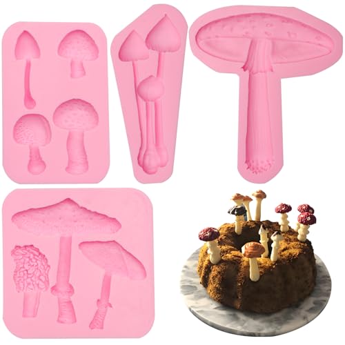 3D Mushroom Silicone Mold Set 4 Pieces Mushroom Chocolate Fondant Mold Cake Decorating Molds Pink 4.92 x 4.41 inches