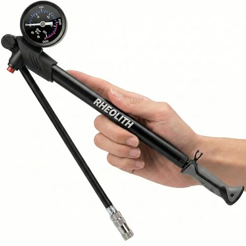 RHEOLITH High Pressure Shock Pump for Mountain Bike - 300 PSI Fork & Rear Suspension Pump with Precision Bleed Button - 360 Swivel Hose CNC Aluminum Body Fits Presta & Schrader Valves