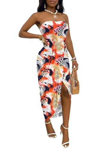 Image of Umenlele Women's Strapless Ruched High Waist Wrap Split Asymmetrical Beach Maxi Long Dress
