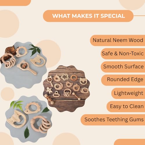 Image of Babbles Neem Wood Teethers for Babies | Wooden Teethers for 6 to 12 Months Baby | Natural and Antibacteria (Cat+Hedgehog+Micky Head+Ring)