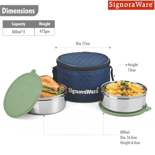 Image of SignoraWare Big Meal Stainless Steel Container Set | Airtight & Leakproof | Durable & Rust-Free | Ideal for Office, School, Home & Outdoor Use (800ml+800ml | Set of 2 | EGreen)