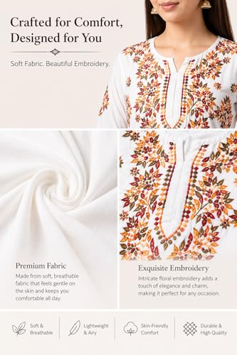 Image of Floral Embroidered Women Kurta Pant Set Straight Fit Cotton Blend Kurti with Palazzo Bottom Ethnic Wear for Office, Festive, Casual and Everyday Comfort