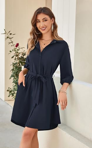 Image of ECOWISH Womens Button Shirt Dress with Pockets Fall Summer Short Mini Dresses Long Sleeve 3 /4 Sleeve Long Tunics Blouse Belt