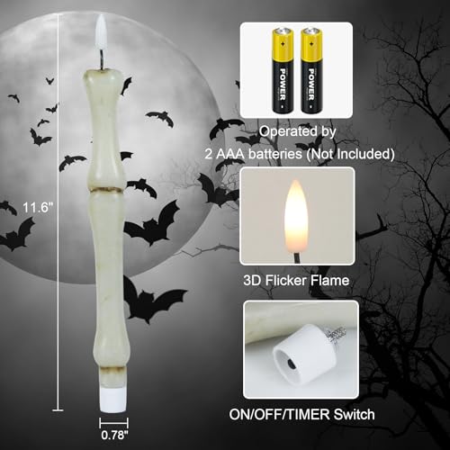 Image of Halloween Flameless Taper Candles with 6H Timer, 2 Pcs Hand-Painted Bone Sculpture Shape LED Candlesticks with 3D Flickering Flame for Home Fall Indoor Halloween Decor(0.78 x 11.6 Inches)