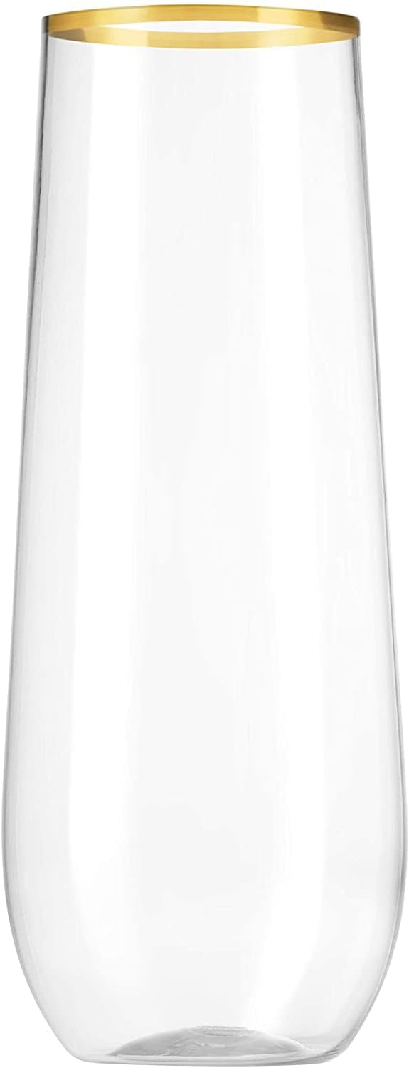 Munfix 12 Pack Stemless Plastic Champagne Flutes, Disposable 9 Oz Gold Rim Clear Plastic Toasting Glasses Shatterproof Recyclable and BPA-Free - Image 2