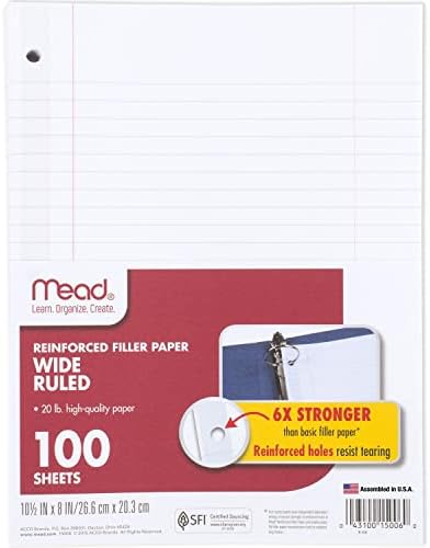 Mead Loose Leaf Paper, 3 Hole Punch Reinforced Filler Paper, Wide Ruled Paper, 10-1/2" x 8", 100 Sheets (15006),White