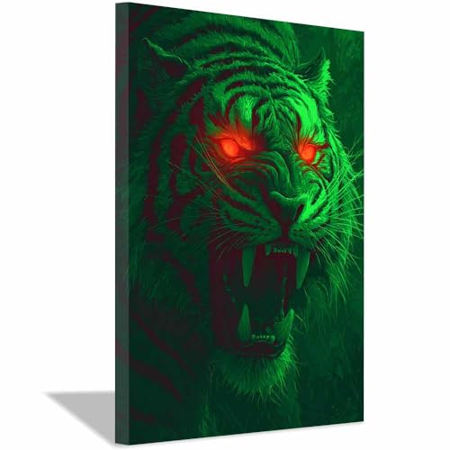 Impression HD tigre flamme verte tableau sur toile 70x100 encadré