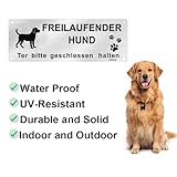 Vorsicht Freilaufender Hund - Achtung Hund Schild, Warnung Aluminium 25x9cm, Selbstklebend Mit Vorgebohrten Löchern, Innen/Außen