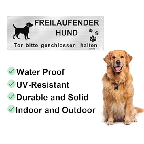 Vorsicht Freilaufender Hund, 1 Stück Achtung Hund Schild, Schild Warnung vor Dem Hund, Warnschild Hund Aluminium mit Selbstklebend und Vorgebohrten Löchern, 25x 9cm, Innen/Außen