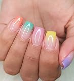 Morily 24Pcs Press on Nails Medium Length Colorful Ombre Fake Nails Square Shaped Stick on Nails Nud