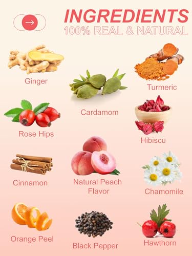 Image of TeeLux Ginger Peach Turmeric Tea Bags, Warm Ginger with Tart Hibiscus & Soothing Chamomile, Tart & Sweet Flavor, Caffeine Free, 100 Count