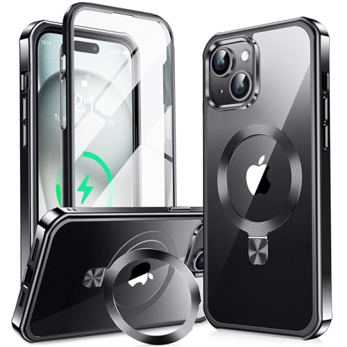 【360°全面保護・スタンド・Magsafe対応】KELLCASE iPhone 15 用 ケース 両面 隠しスタンド・CDリング 横縦両立 ワイヤレス充電 いphone15 カバー 黄変防止透明PC背面 メッキバンパー 米軍MIL規格耐衝撃 マグセーフ対応 高感度タッチ ストラップホール付き アイフォン15 用 ケース 6.1インチ（ブラック）